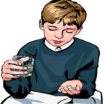 Vector Illustration of Boy Taking Pharmaceutical Oral Dosage Pills with Glass of Water